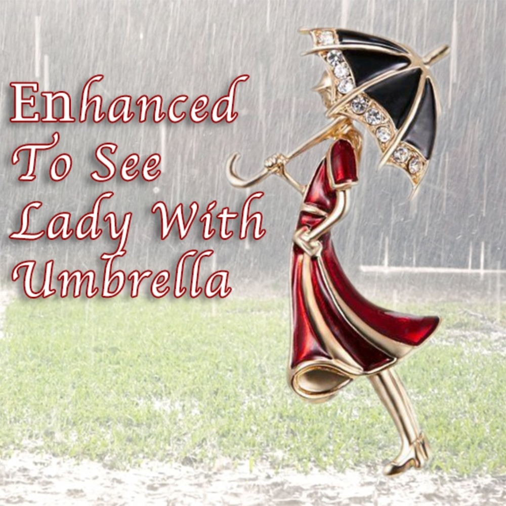 Lady Crystal Red Enamel with Umbrella Brooch Pin - BRAND NEW WITH TAGS